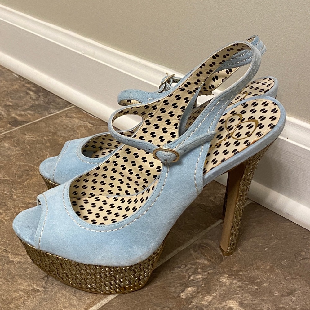 Jessica Simpson Eddy blue suede peep toe heels. - Picture 7 of 15